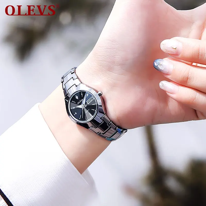 Olevs Tungsten Steel Black Dial Ladies Watch | 8697